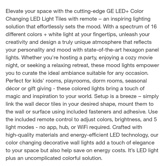 GE NWT 6pk LED + Color Changing Tile Panel Lights with Remote - Picture 9 of 12